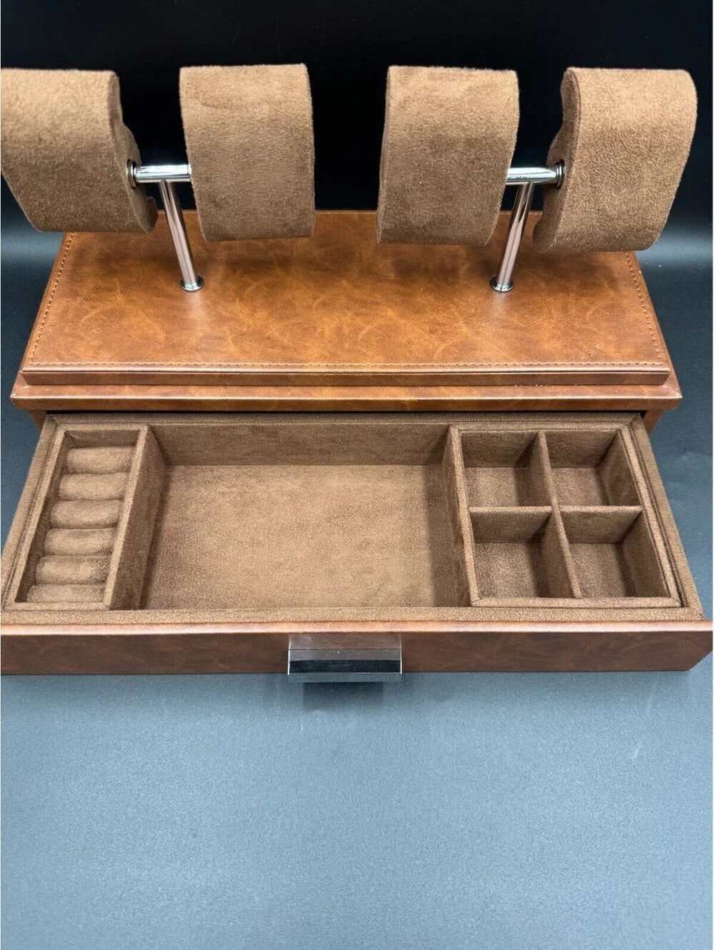 ROTHWELL 4 Slot Leather Watch Box with Valet Drawer - Luxury Case Display Brown
